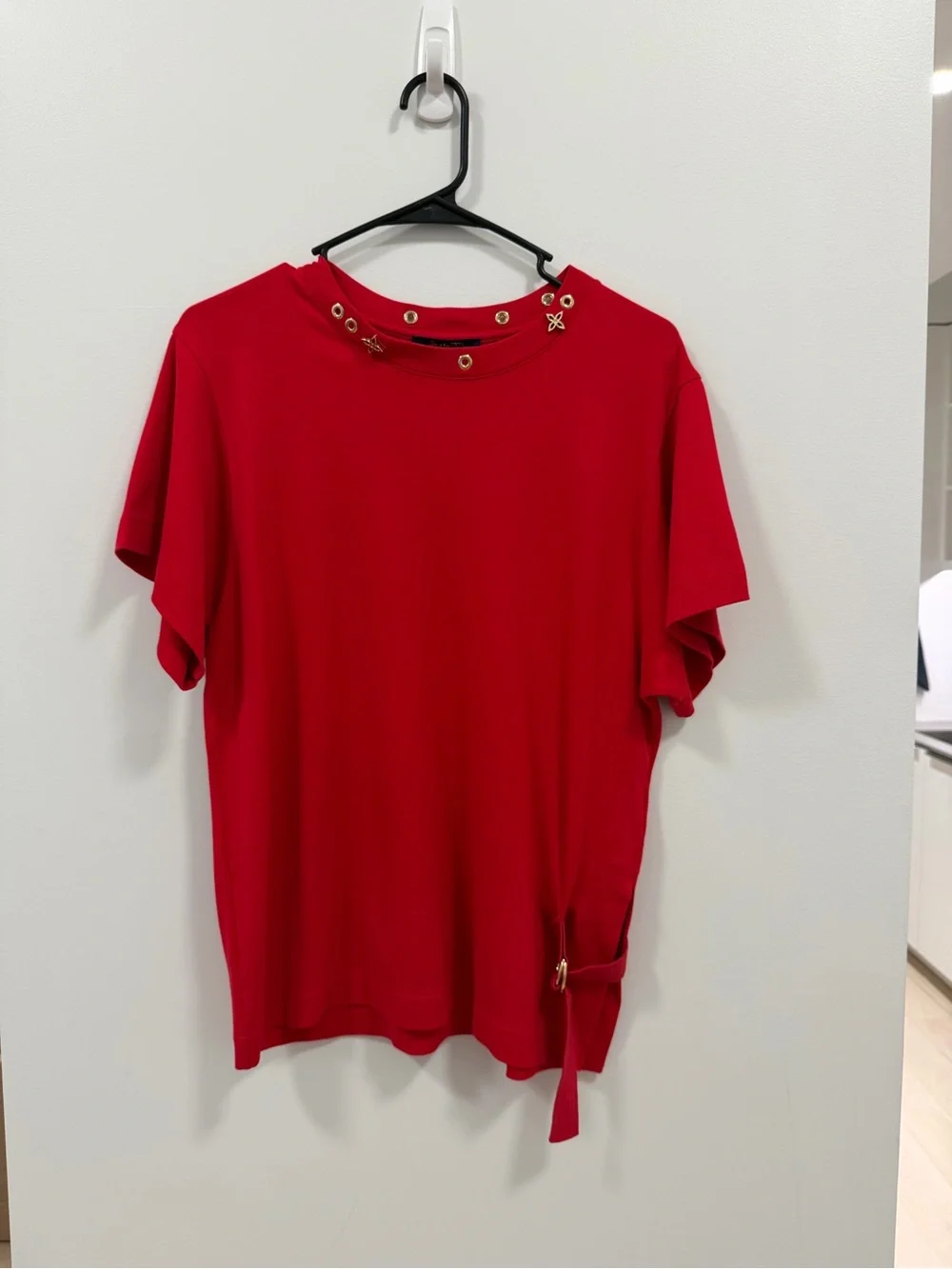 Authentic Louis Vuitton Red Women's Short Sleeve Top with Grommet Detail